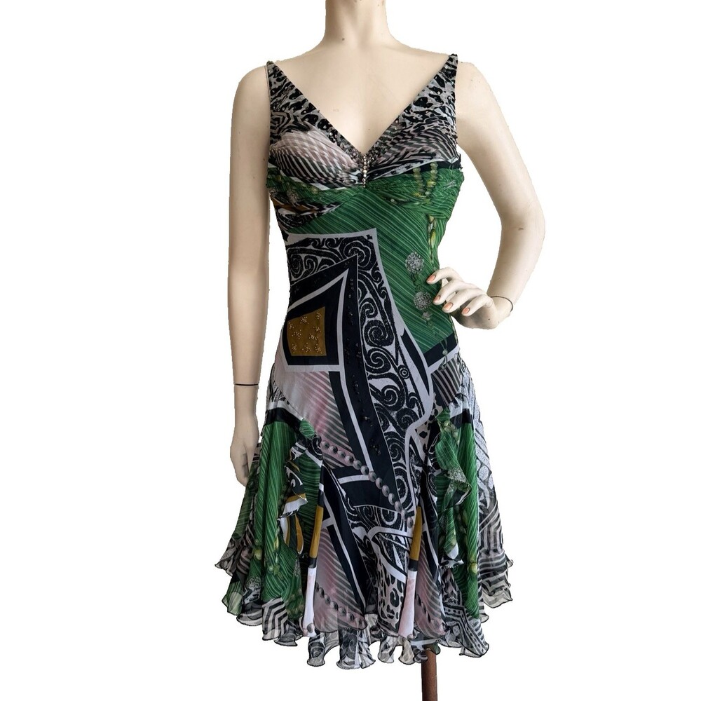 DIANE FREIS Vintage Cocktail Dress Green Animal Print Hand Beaded Y2K Size 10